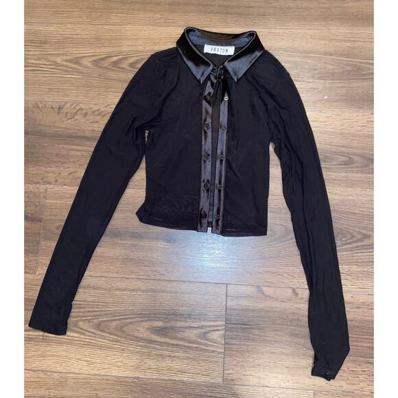 Paxton Sheer satin-collard cropped long sleeve black top sz: S - Picture 1 of 11